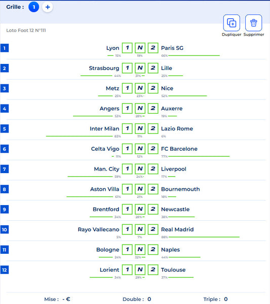 PRONOSTIC LOTO FOOT 12 - N°111 - DIMANCHE 9 NOVEMBRE 2025